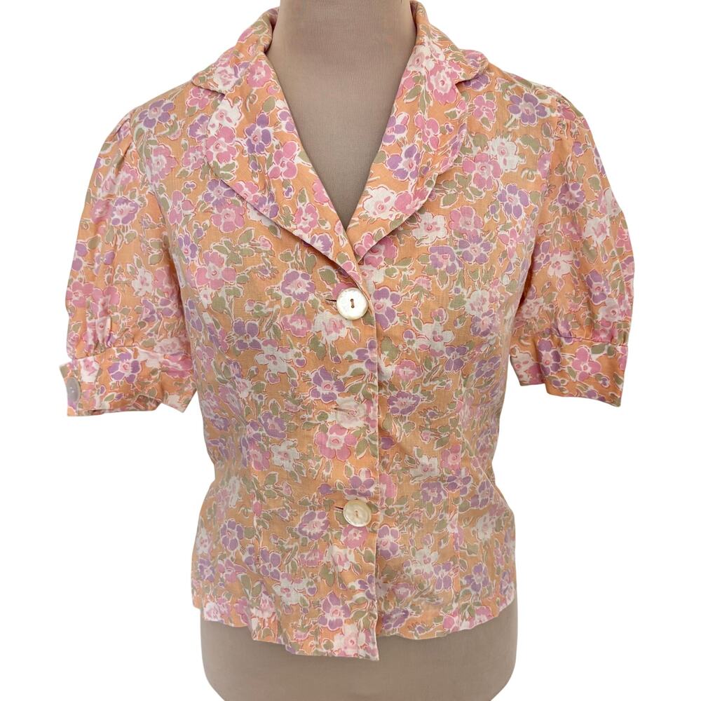 Vintage 60's Fritzi California Cottage Floral Puff Sleeve Cotton Blouse w/ Tie